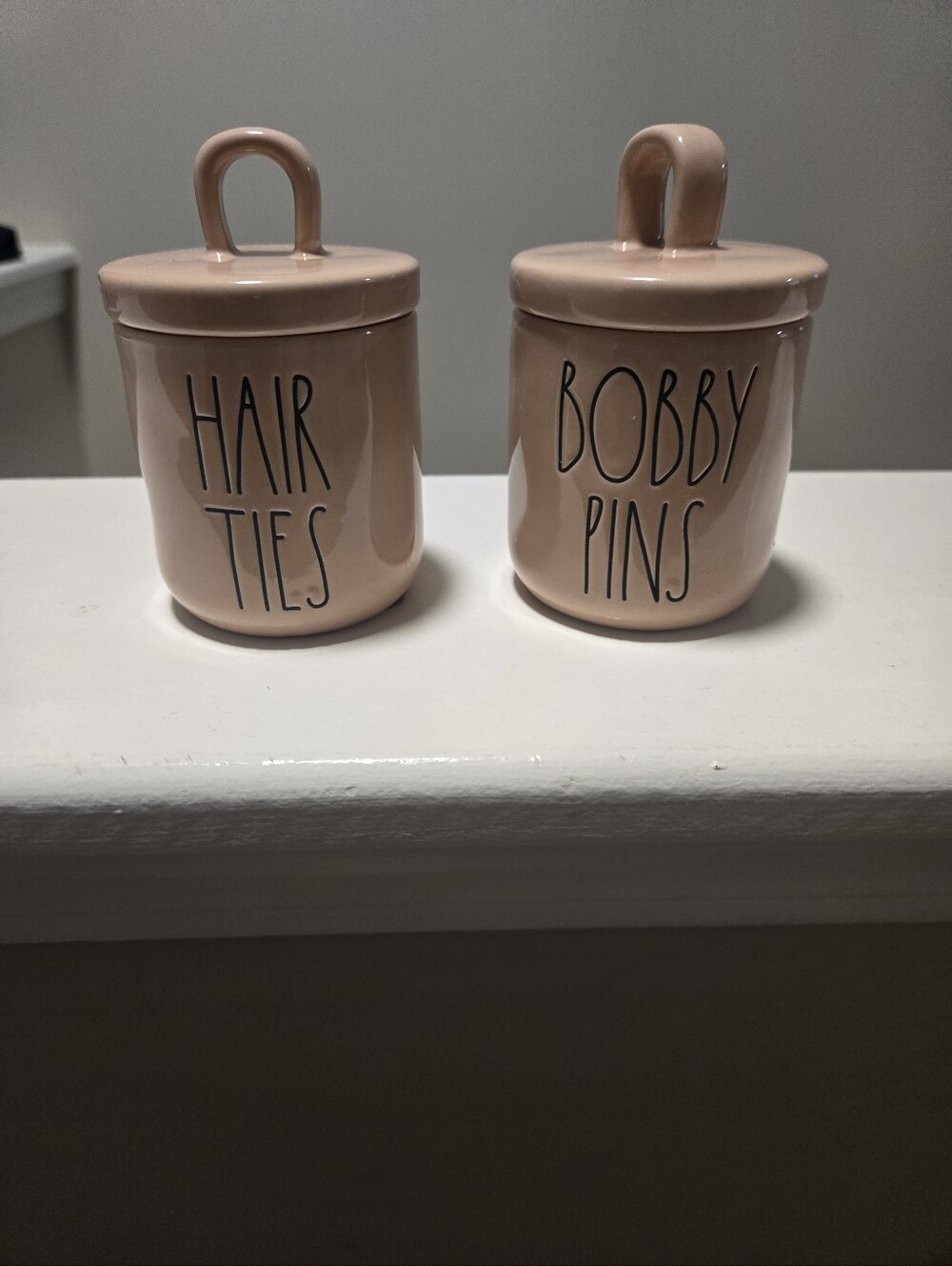 Rae Dunn Blush Pink 'Hair Ties' & 'Bobby Pins' Ceramic Jars - Set of 2
